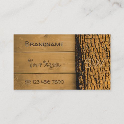 Brown Rustic Wooden Boards Tree Bark with Monogram Business Card