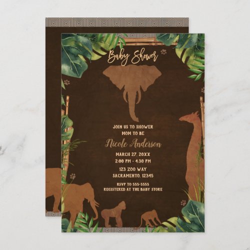 Brown Safari Jungle Zoo Animals Baby Shower Invitation