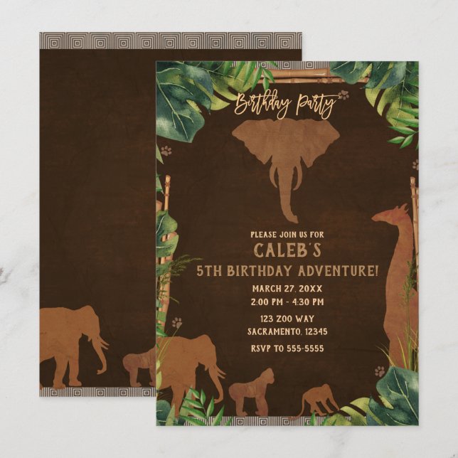 Brown Safari Jungle Zoo Animals Birthday Party Invitation (Front/Back)