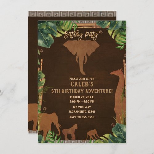 Brown Safari Jungle Zoo Animals Birthday Party Invitation