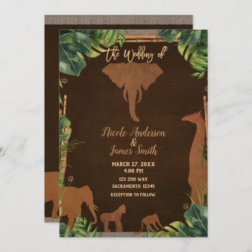 Brown Safari Jungle Zoo Animals Modern Wedding Invitation