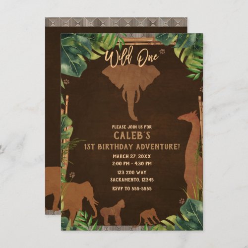 Brown Safari Jungle Zoo Animals WILD ONE 1st Party Invitation