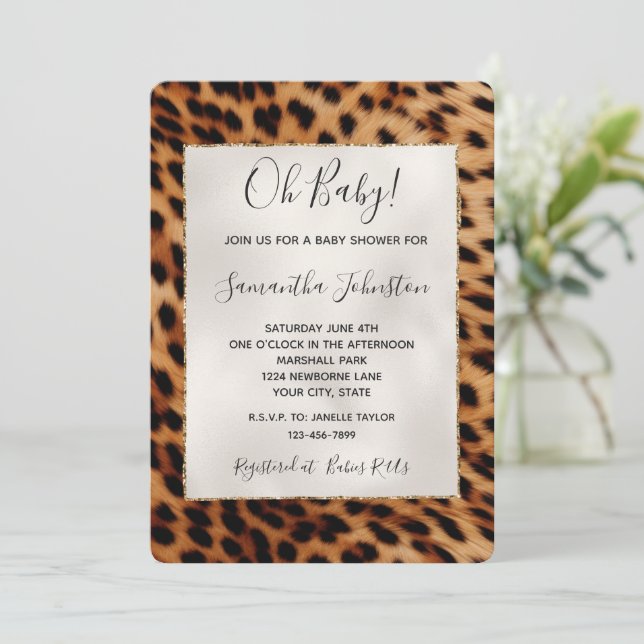 Brown Safari Leopard Animal Baby Shower Invitation (Standing Front)