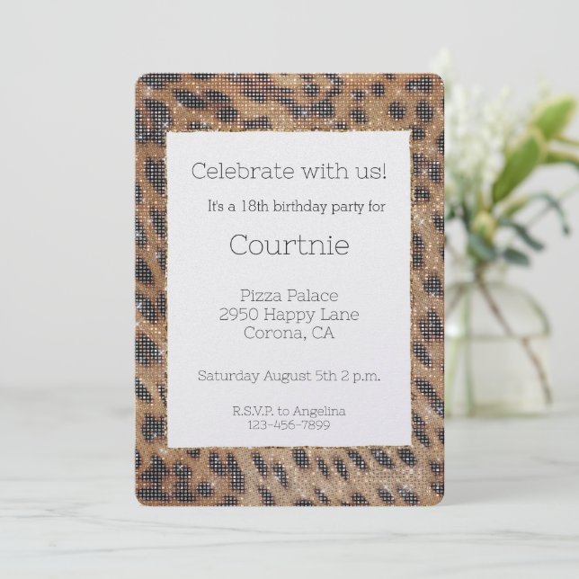 Brown Safari Leopard Animal Sparkle Birthday Invitation (Standing Front)