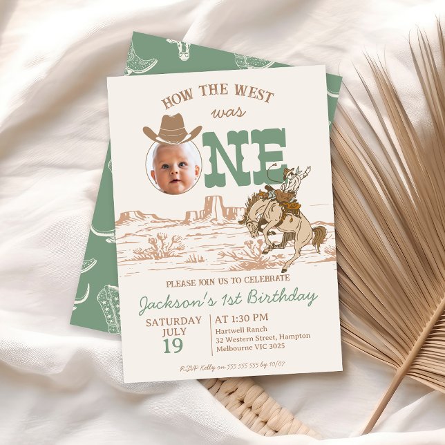 Brown Sage Boys How The West Was One 1st Birthday  Invitation (Sage Green Brown How The West Was One 1st Birthday Invitation Boy Cowboy Western Bronco Photo Invite)