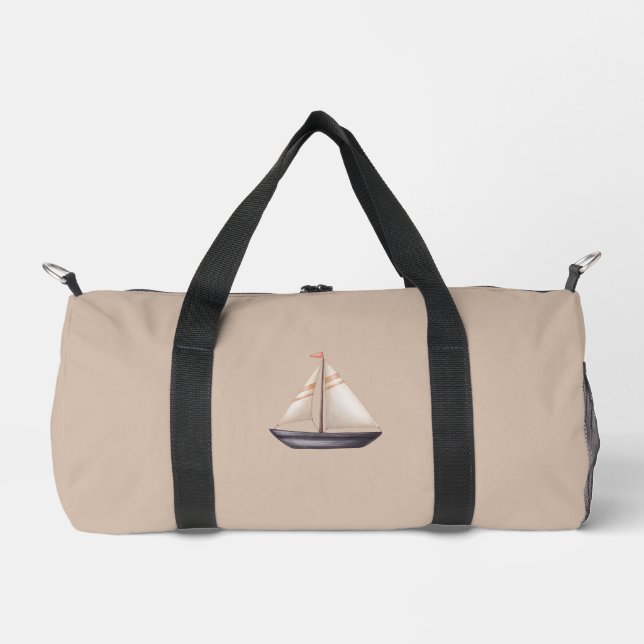 Brown Sailing Boat and Name on Beige Duffle Bag (Front)