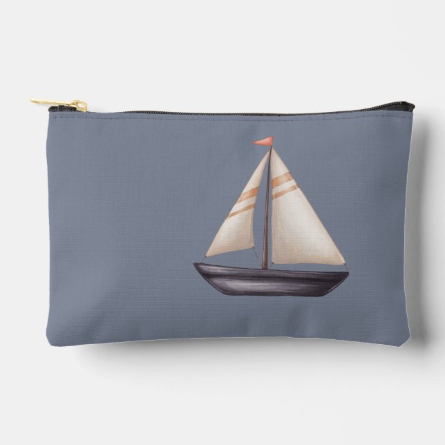 Brown Sailing Boat and Name on Gray Accessory Pouch (Front)