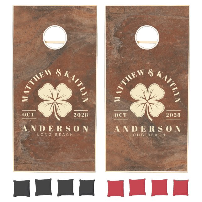 Brown Sand Stone Irish Clover Wedding Crest Cornhole Set (Set)