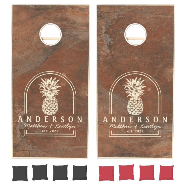 Brown Sand Stone Pineapple Wedding Arch & Name Cornhole Set (Set)