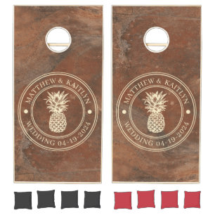 Brown Sand Stone Pineapple Wedding Names Cornhole Set