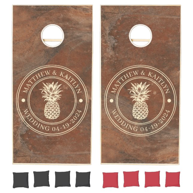 Brown Sand Stone Pineapple Wedding Names Cornhole Set (Set)