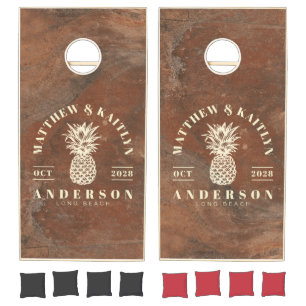 Brown Sand Stone Tropical Pineapple Wedding Cornhole Set