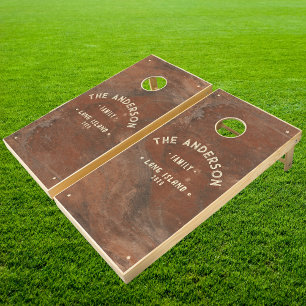 Brown Sand Stone Vintage Seaside Family Name Cornhole Set