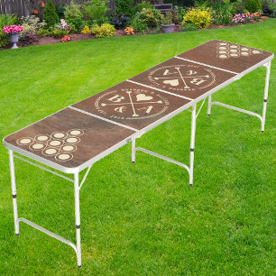 Brown Sand Stone Wedding Heart Crossing Initial Beer Pong Table