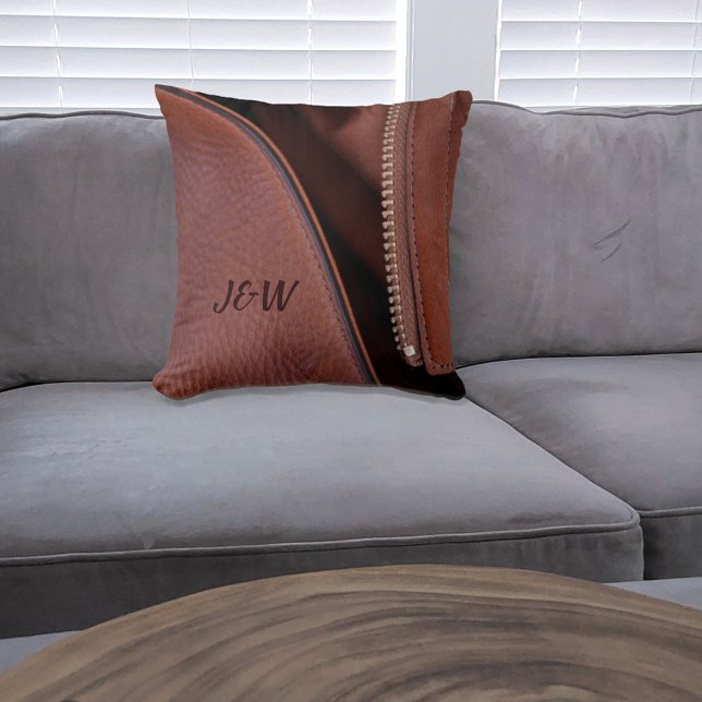 Brown Satin and Unzipped Faux Leather Throw Pillow (Creator Uploaded)