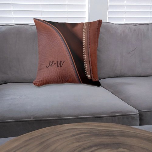 Brown Satin and Unzipped Leather Throw Pillow