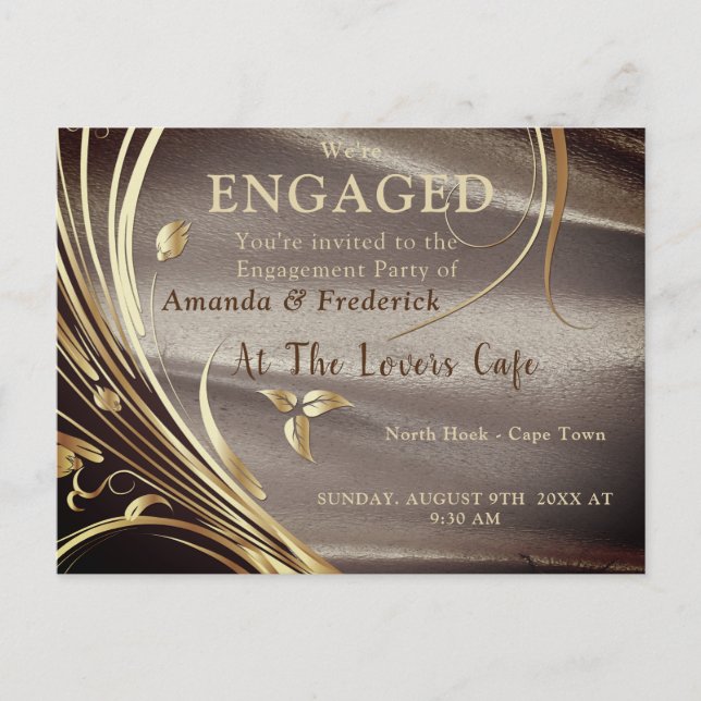 Brown Satin  & Sparkling Flower Engagement Invitation Postcard (Front)