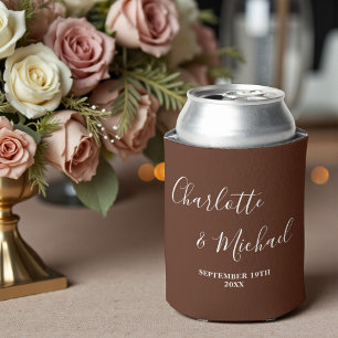 Brown Script Minimalist Wedding Can Cooler