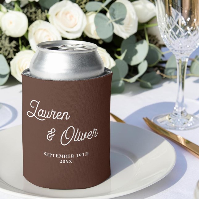 Brown Script Minimalist Wedding Can Cooler (Creator Uploaded)