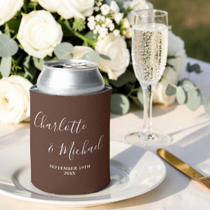 Brown Script Minimalist Wedding Can Cooler