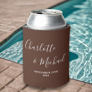 Brown Script Minimalist Wedding Can Cooler