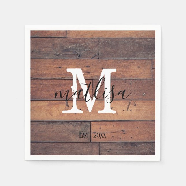 Brown Script Monogram Rustic Pattern Established  Napkins (Front)