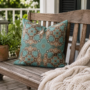 Brown Seaglass Teal Blue Green Orient Tribal Art Outdoor Pillow