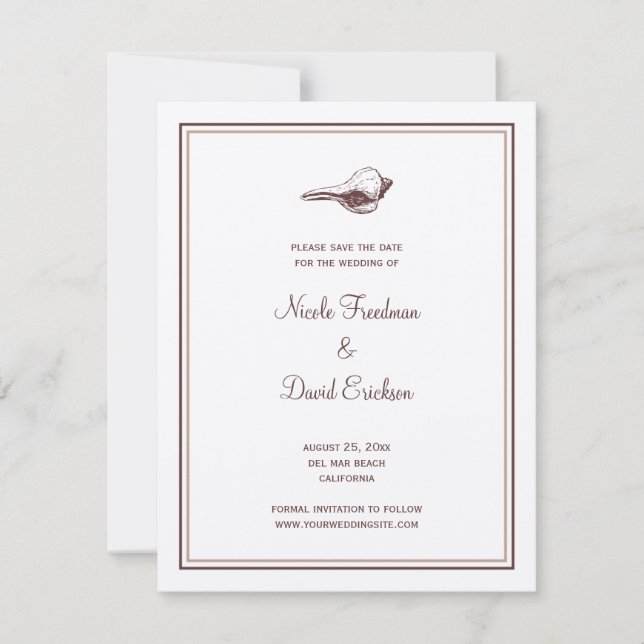 Brown seashell wedding announcement save the date (Front)