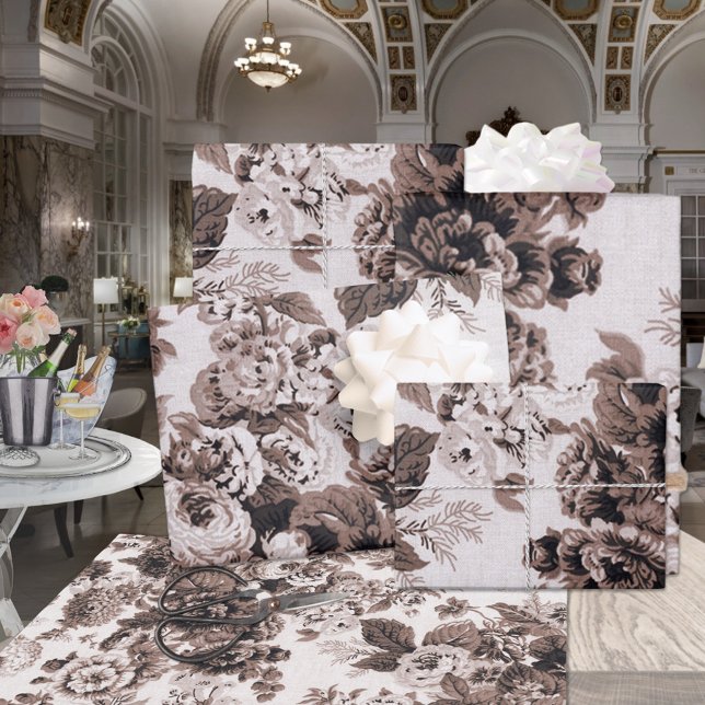 Brown Sepia Floral Peonies Dahlias Asters Roses Wrapping Paper Sheets (Creator Uploaded)