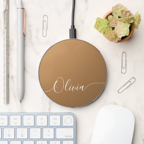 Brown Shimmer Elegant Calligraphy Script Name Wireless Charger