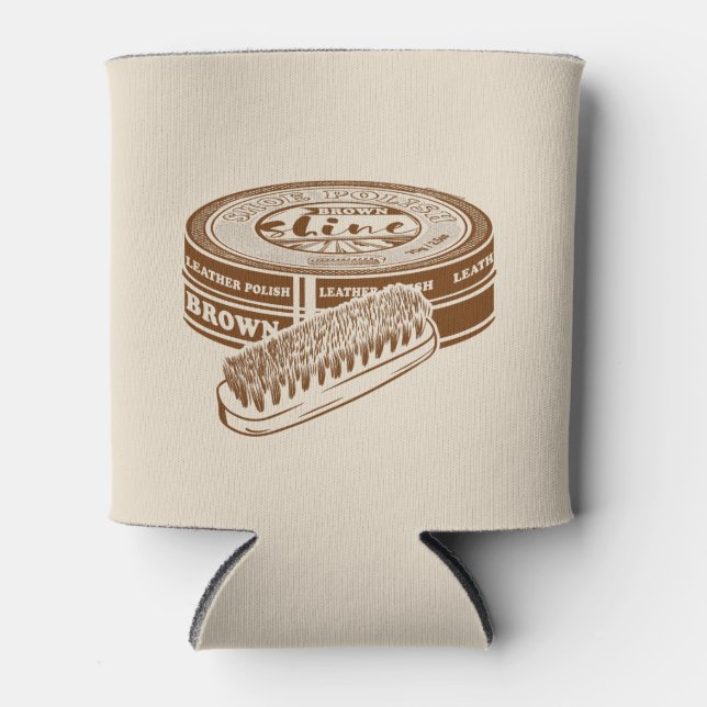 Brown shoe polish tin can cooler (Front)