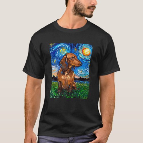 Brown Short Hair Dachshund Doxie Starry Night Dog  T_Shirt