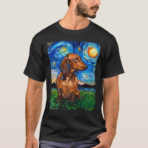 Brown Short Hair Dachshund Doxie Starry Night Dog  T_Shirt