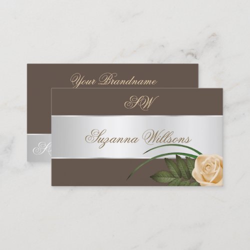 Brown Silver Decor Cute Rose Flower with Initials Business Card