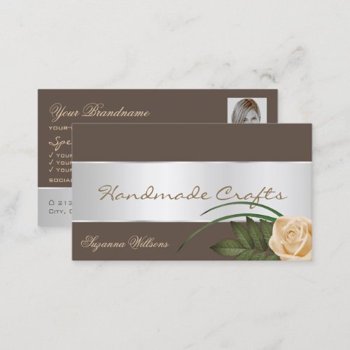 Brown Silver Decor Gorgeous Rose Flower with Photo Business Card