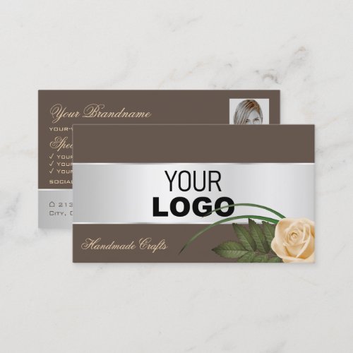 Brown Silver Decor Rose Flower with Logo and Photo Business Card