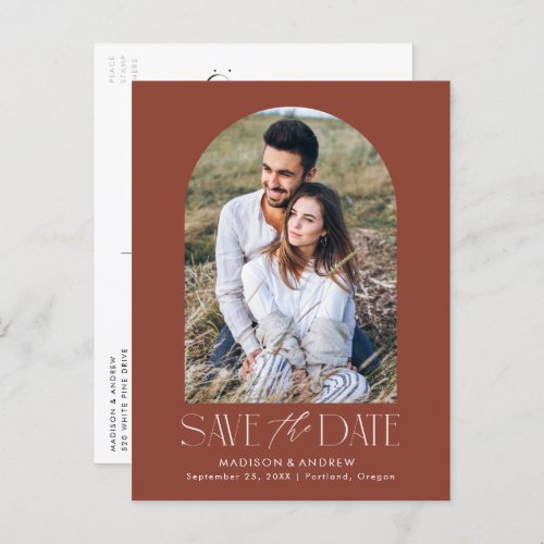 Brown  Simple Modern Arch Photo Save the Date Announcement Postcard