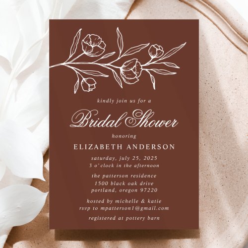 Brown Sketched Floral Bridal Shower Invitation