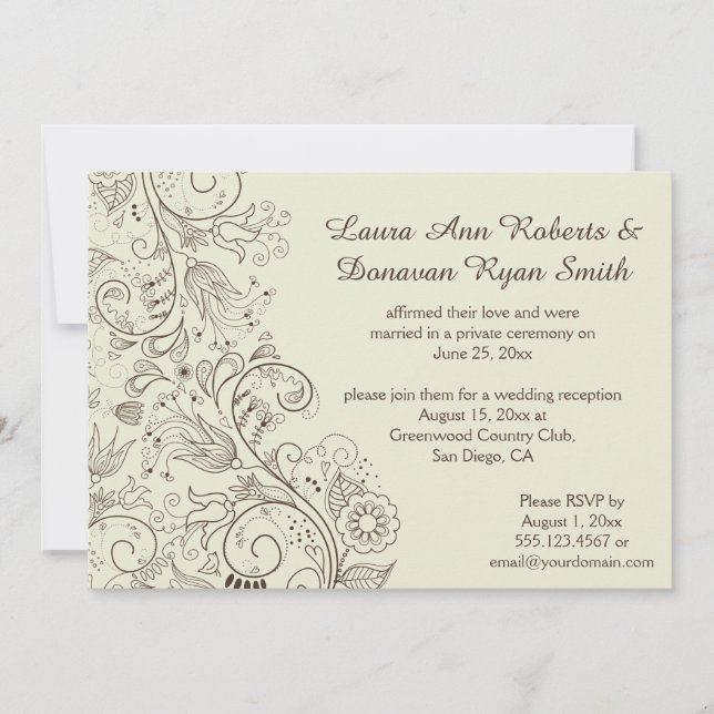Brown Sketched Swirls Flowers on Ivory Wedding Invitation (Front)