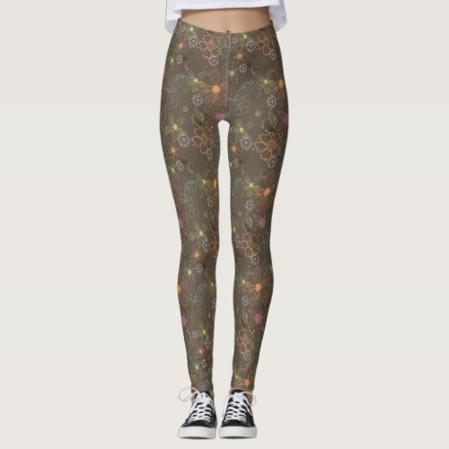 Brown sketchy Floral leggings