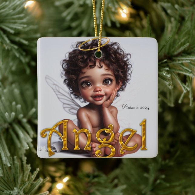Brown Skin Baby Christmas Angel Ceramic Ornament (Tree)
