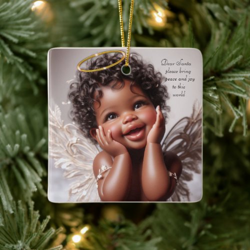 Brown Skin Baby Christmas Angel Ceramic Ornament