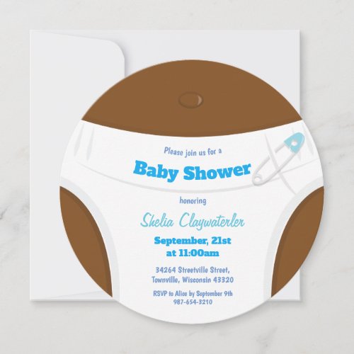 Brown Skin Blue Diaper Baby Shower Invitation