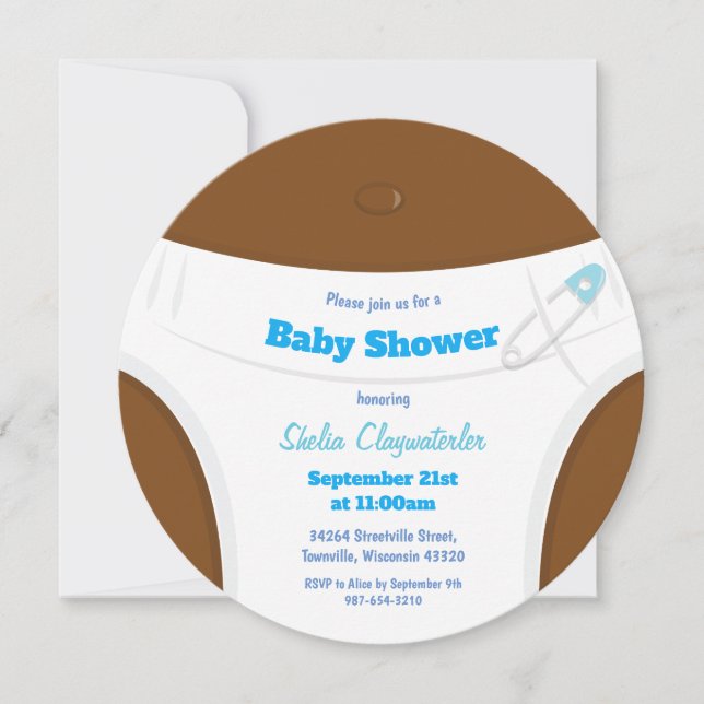 Brown Skin & Diaper Blue | Baby Shower Invitation (Front)