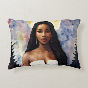 Brown-Skinned Angel Woman Watercolor Art Accent Pillow