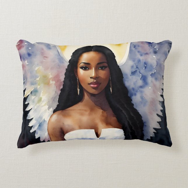 Brown-Skinned Angel Woman Watercolor Art Accent Pillow (Front)