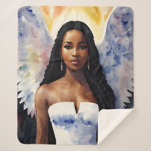 Brown_Skinned Angel Woman Watercolor Art Sherpa Blanket