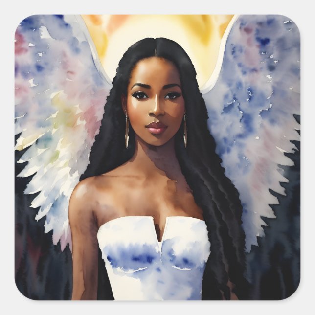 Brown-Skinned Angel Woman Watercolor Art Square Sticker (Front)