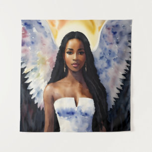Brown-Skinned Angel Woman Watercolor Art Tapestry
