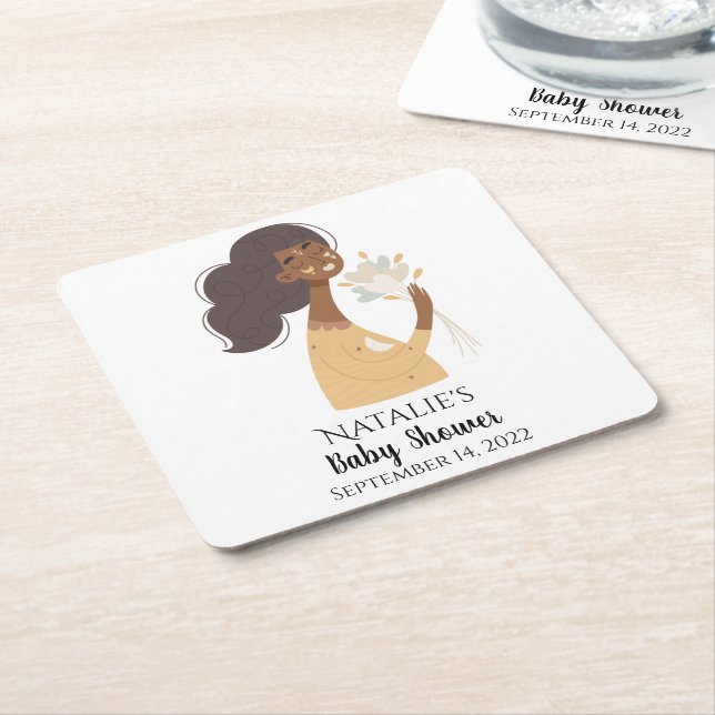 Brown smiling boho woman bouquet of hearts square paper coaster (Angled)